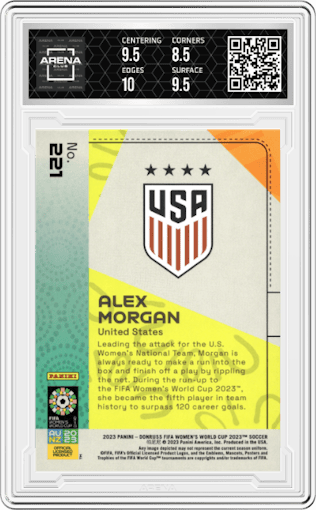Alex Morgan from the 2023 Donruss FIFA Women's World Cup set featuring a Blue parallel graded by Arena Club and given an overall grade of 9.