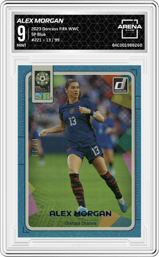 Alex Morgan from the 2023 Donruss FIFA Women's World Cup set featuring a Blue parallel graded by Arena Club and given an overall grade of 9.