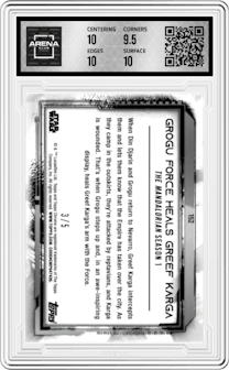 Grogu Force Heals Greef Karga from the 2021 Topps Chrome Star Wars Legacy set featuring a Red Refractor parallel graded by Arena Club and given an overall grade of 10.