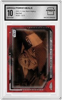 Grogu Force Heals Greef Karga from the 2021 Topps Chrome Star Wars Legacy set featuring a Red Refractor parallel graded by Arena Club and given an overall grade of 10.