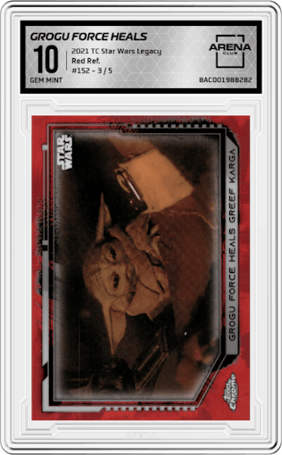 Grogu Force Heals Greef Karga from the 2021 Topps Chrome Star Wars Legacy set featuring a Red Refractor parallel graded by Arena Club and given an overall grade of 10.