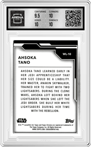 Ahsoka Tano from the 2021 Topps Chrome Star Wars Legacy set featuring a Orange Refractor parallel graded by Arena Club and given an overall grade of 10.