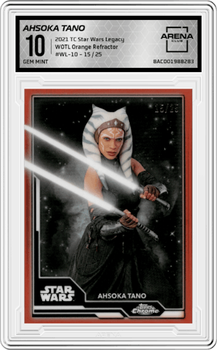 Ahsoka Tano from the 2021 Topps Chrome Star Wars Legacy set featuring a Orange Refractor parallel graded by Arena Club and given an overall grade of 10.