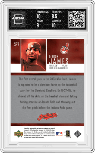LeBron James from the 2004 Upper Deck set graded by Arena Club and given an overall grade of 9.