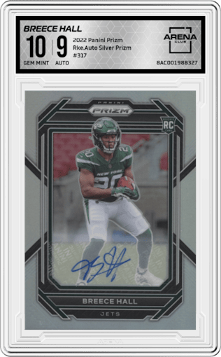 Breece Hall  from the 2022 Panini Prizm set featuring a Silver Prizm parallel graded by Arena Club and given an overall grade of 10.
