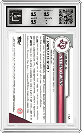 Rueben Owens from the 2023 Bowman Chrome University set graded by Arena Club and given an overall grade of 10.