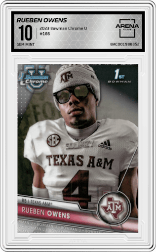 Rueben Owens from the 2023 Bowman Chrome University set graded by Arena Club and given an overall grade of 10.