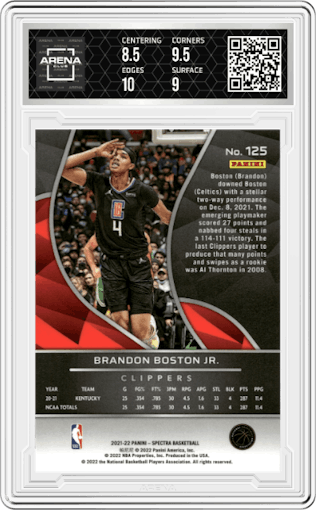 Brandon Boston Jr.  from the 2021-22 Panini Spectra set graded by Arena Club and given an overall grade of 9.