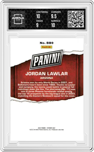 Jordan Lawlar from the 2023 Panini Father's Day set graded by Arena Club and given an overall grade of 9.5.