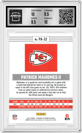 Patrick Mahomes II from the 2022 Panini Chronicles set graded by Arena Club and given an overall grade of 10.