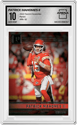 Patrick Mahomes II from the 2022 Panini Chronicles set graded by Arena Club and given an overall grade of 10.