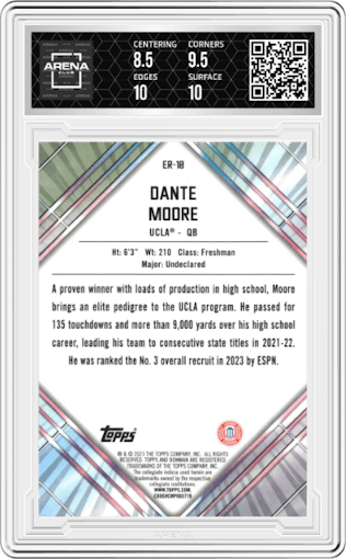 Dante Moore from the 2023 Bowman Chrome University set graded by Arena Club and given an overall grade of 9.
