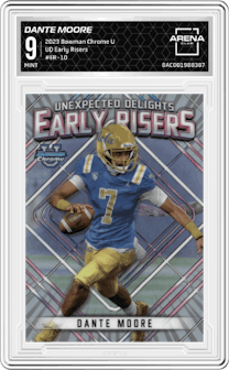 Dante Moore from the 2023 Bowman Chrome University set graded by Arena Club and given an overall grade of 9.