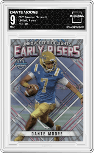 Dante Moore from the 2023 Bowman Chrome University set graded by Arena Club and given an overall grade of 9.