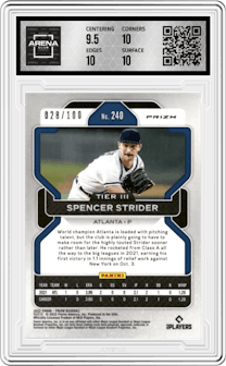 Spencer Strider from the 2022 Panini Prizm set featuring a Neon Orange parallel graded by Arena Club and given an overall grade of 10.