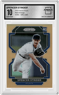 Spencer Strider from the 2022 Panini Prizm set featuring a Neon Orange parallel graded by Arena Club and given an overall grade of 10.