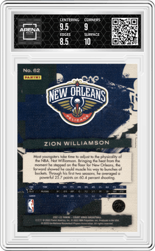 Zion Williamson from the 2021-22 Panini Court Kings set graded by Arena Club and given an overall grade of 9.