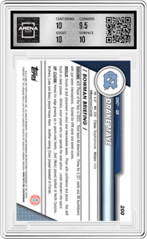 Drake Maye from the 2023 Bowman Chrome University set graded by Arena Club and given an overall grade of 10.