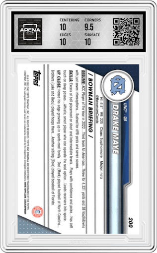 Drake Maye from the 2023 Bowman Chrome University set graded by Arena Club and given an overall grade of 10.