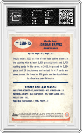 Jordan Travis from the 2023 Bowman Chrome University set graded by Arena Club and given an overall grade of 9.5.