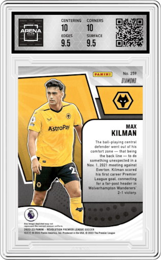 Max Kilman from the 2022-23 Panini Revolution Premier League set featuring a Diamond parallel graded by Arena Club and given an overall grade of 10.