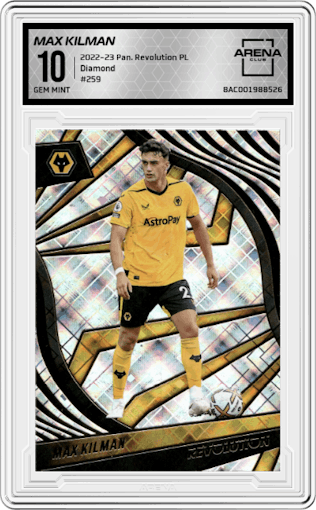Max Kilman from the 2022-23 Panini Revolution Premier League set featuring a Diamond parallel graded by Arena Club and given an overall grade of 10.