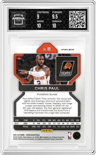 Chris Paul from the 2021-22 Panini Prizm  set featuring a Green Prizm parallel graded by Arena Club and given an overall grade of 9.5.