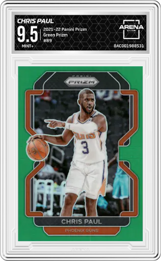 Chris Paul from the 2021-22 Panini Prizm  set featuring a Green Prizm parallel graded by Arena Club and given an overall grade of 9.5.