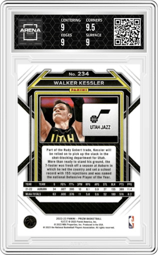 Walker Kessler from the 2022-23 Panini Prizm  set graded by Arena Club and given an overall grade of 9.