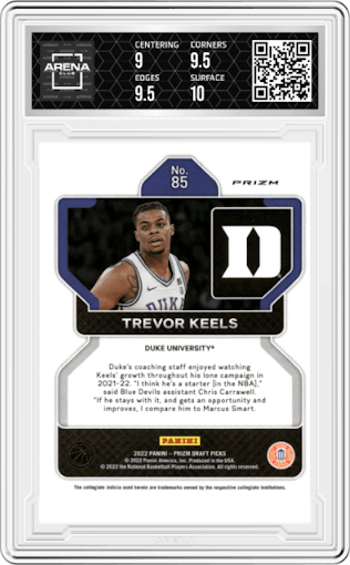 Trevor Keels from the 2022-23 Panini Prizm Draft Picks set featuring a Choice Blue/Yellow/Green parallel graded by Arena Club and given an overall grade of 9.5.