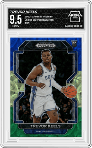 Trevor Keels from the 2022-23 Panini Prizm Draft Picks set featuring a Choice Blue/Yellow/Green parallel graded by Arena Club and given an overall grade of 9.5.