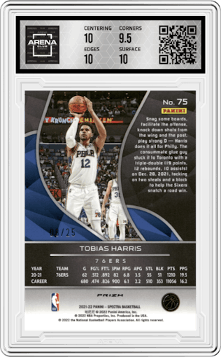 Tobias Harris from the 2021-22 Panini Spectra set featuring a Meta parallel graded by Arena Club and given an overall grade of 10.