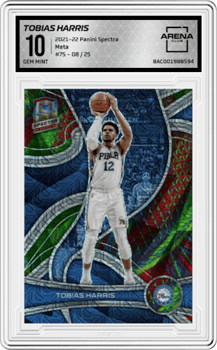 Tobias Harris from the 2021-22 Panini Spectra set featuring a Meta parallel graded by Arena Club and given an overall grade of 10.