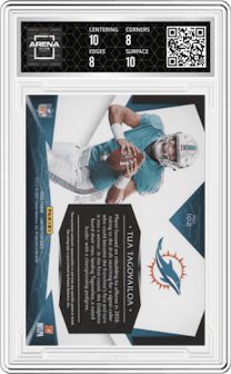 Tua Tagovailoa from the 2020 Panini Limited set featuring a Gold Spotlight parallel graded by Arena Club and given an overall grade of 8.5.