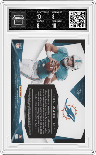 Tua Tagovailoa from the 2020 Panini Limited set featuring a Gold Spotlight parallel graded by Arena Club and given an overall grade of 8.5.