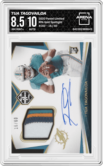 Tua Tagovailoa from the 2020 Panini Limited set featuring a Gold Spotlight parallel graded by Arena Club and given an overall grade of 8.5.