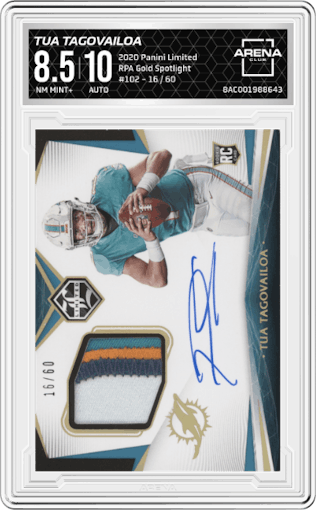 Tua Tagovailoa from the 2020 Panini Limited set featuring a Gold Spotlight parallel graded by Arena Club and given an overall grade of 8.5.