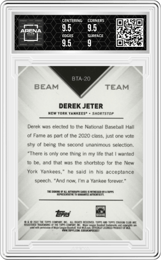 Derek Jeter from the 2022 Topps Stadium Club Members Only Derek Jeter set graded by Arena Club and given an overall grade of 9.5.