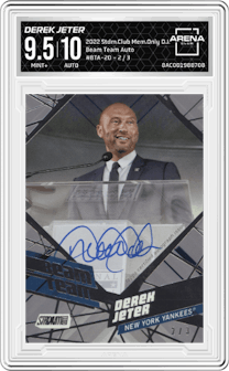 Derek Jeter from the 2022 Topps Stadium Club Members Only Derek Jeter set graded by Arena Club and given an overall grade of 9.5.