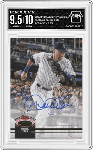 Derek Jeter from the 2022 Topps Stadium Club Members Only Derek Jeter set graded by Arena Club and given an overall grade of 9.5.