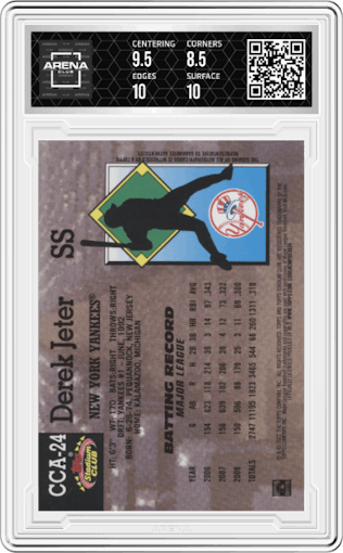 Derek Jeter from the 2022 Topps Stadium Club Members Only Derek Jeter set featuring a Members Only parallel graded by Arena Club and given an overall grade of 9.