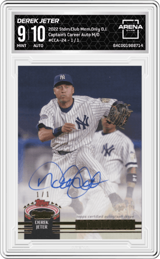 Derek Jeter from the 2022 Topps Stadium Club Members Only Derek Jeter set featuring a Members Only parallel graded by Arena Club and given an overall grade of 9.