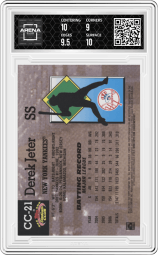 Derek Jeter from the 2022 Topps Stadium Club Members Only Derek Jeter set featuring a Gold parallel graded by Arena Club and given an overall grade of 9.5.