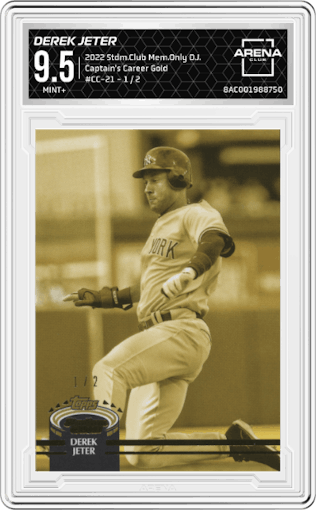 Derek Jeter from the 2022 Topps Stadium Club Members Only Derek Jeter set featuring a Gold parallel graded by Arena Club and given an overall grade of 9.5.