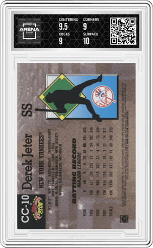Derek Jeter from the 2022 Topps Stadium Club Members Only Derek Jeter set featuring a Members Only parallel graded by Arena Club and given an overall grade of 9.5.