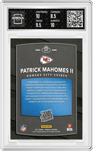 Patrick Mahomes II from the 2017 Panini Donruss set graded by Arena Club and given an overall grade of 9.