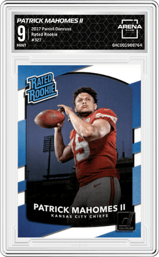 Patrick Mahomes II from the 2017 Panini Donruss set graded by Arena Club and given an overall grade of 9.