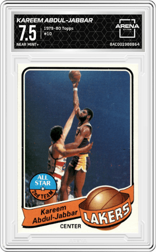 Kareem Abdul-Jabbar from the 1979-80 Topps set graded by Arena Club and given an overall grade of 7.5.