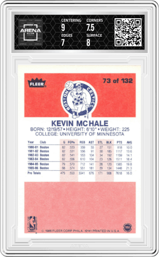 Kevin McHale from the 1986-87 Fleer set graded by Arena Club and given an overall grade of 7.5.