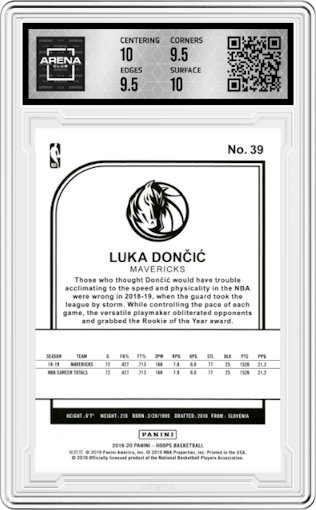 Luka Doncic from the 2019-20 Panini NBA Hoops set featuring a Yellow parallel graded by Arena Club and given an overall grade of 10.